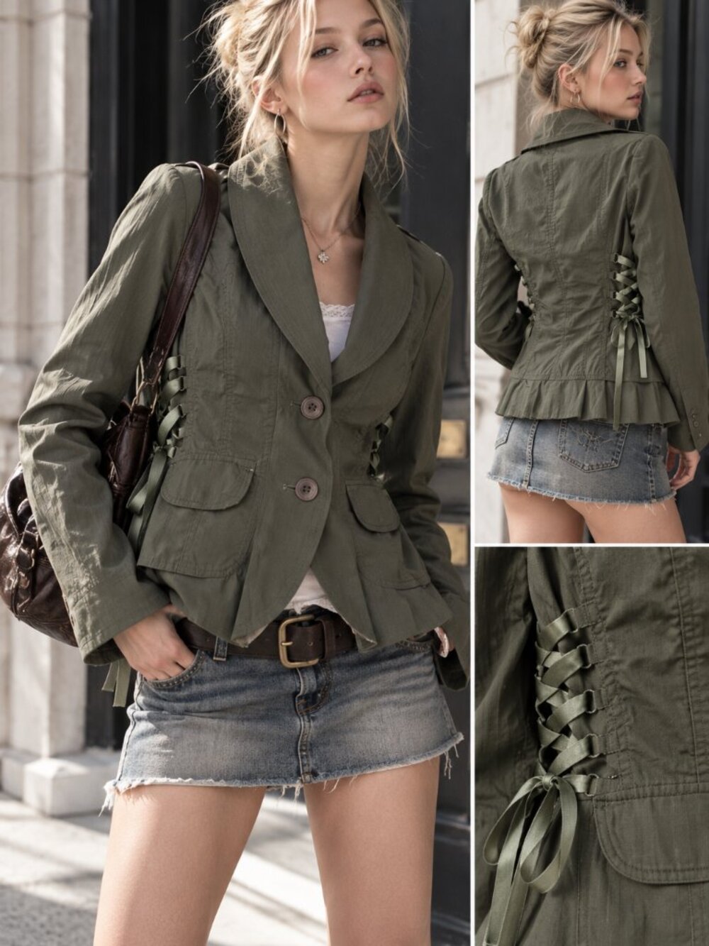 Y2K Marc Jacobs 100% Wool Olive Green Lace Up Corset Peplum Blazer Jacket Size 6